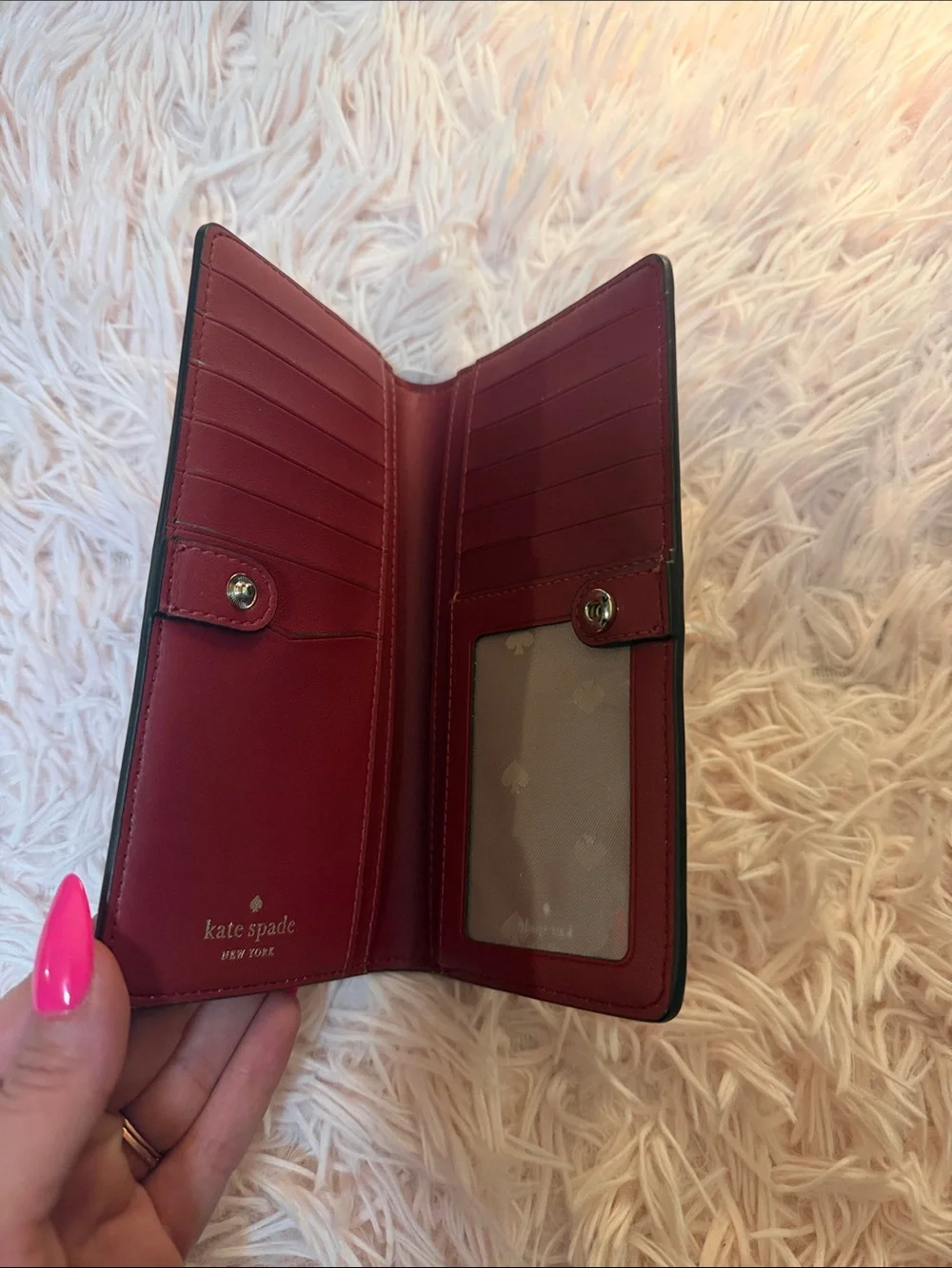 kate spade burgundy saffiano leather zip wallet with gold logo